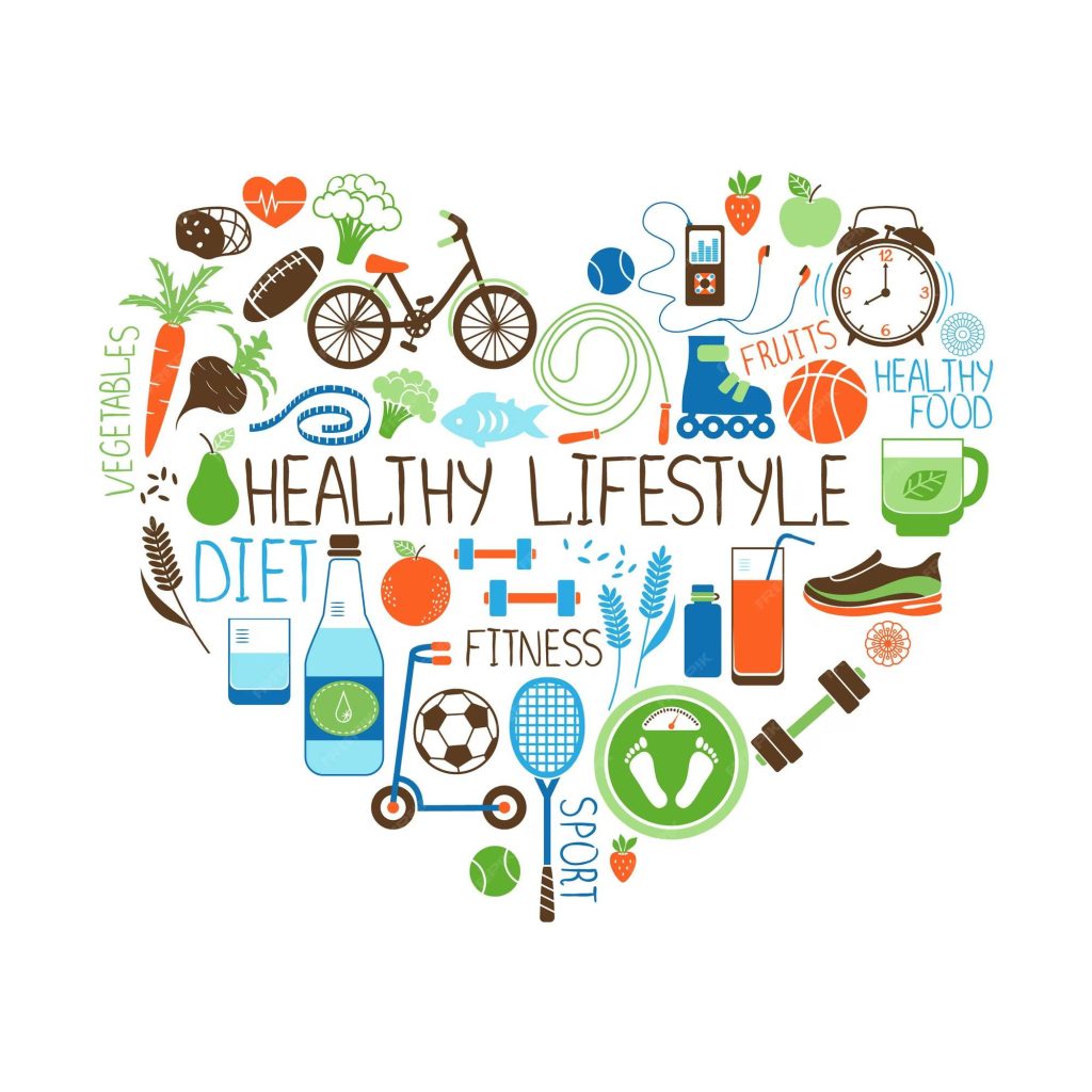 Healthy lifestyle diet fitness vector sign shape heart with multiple icons depicting various sports vegetables cereals seafood meat fruit sleep weight beverages 1284 44073 1